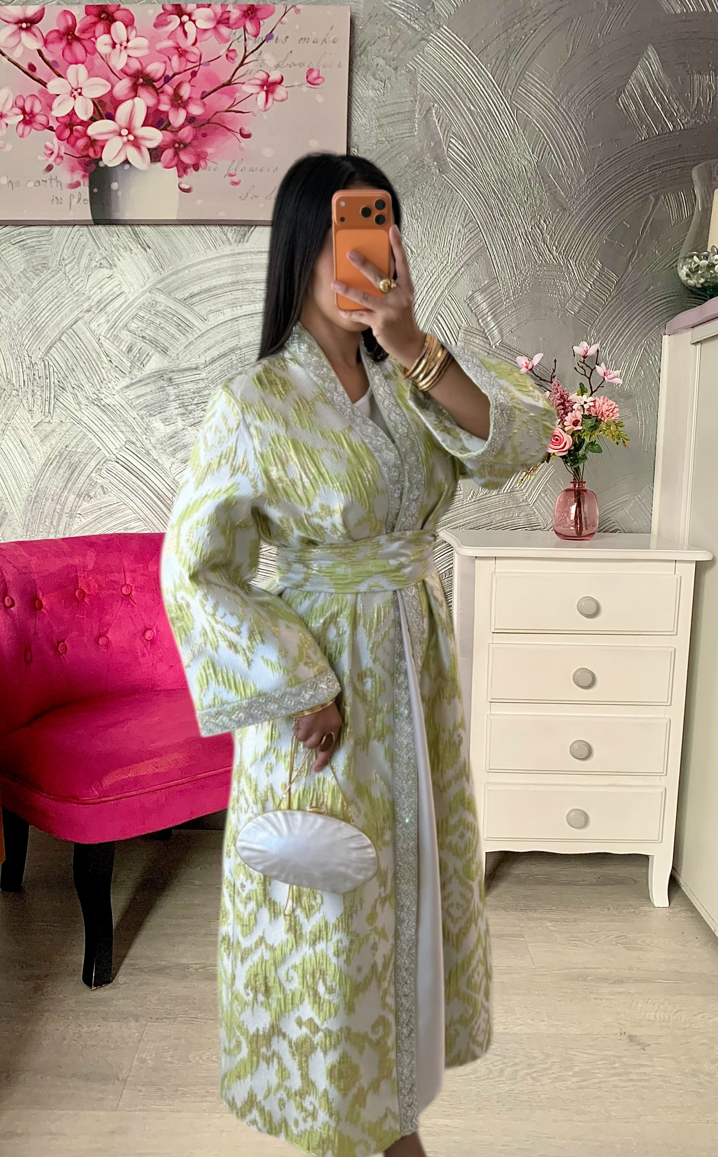 Ensemble robe /abaya en brocart jaune