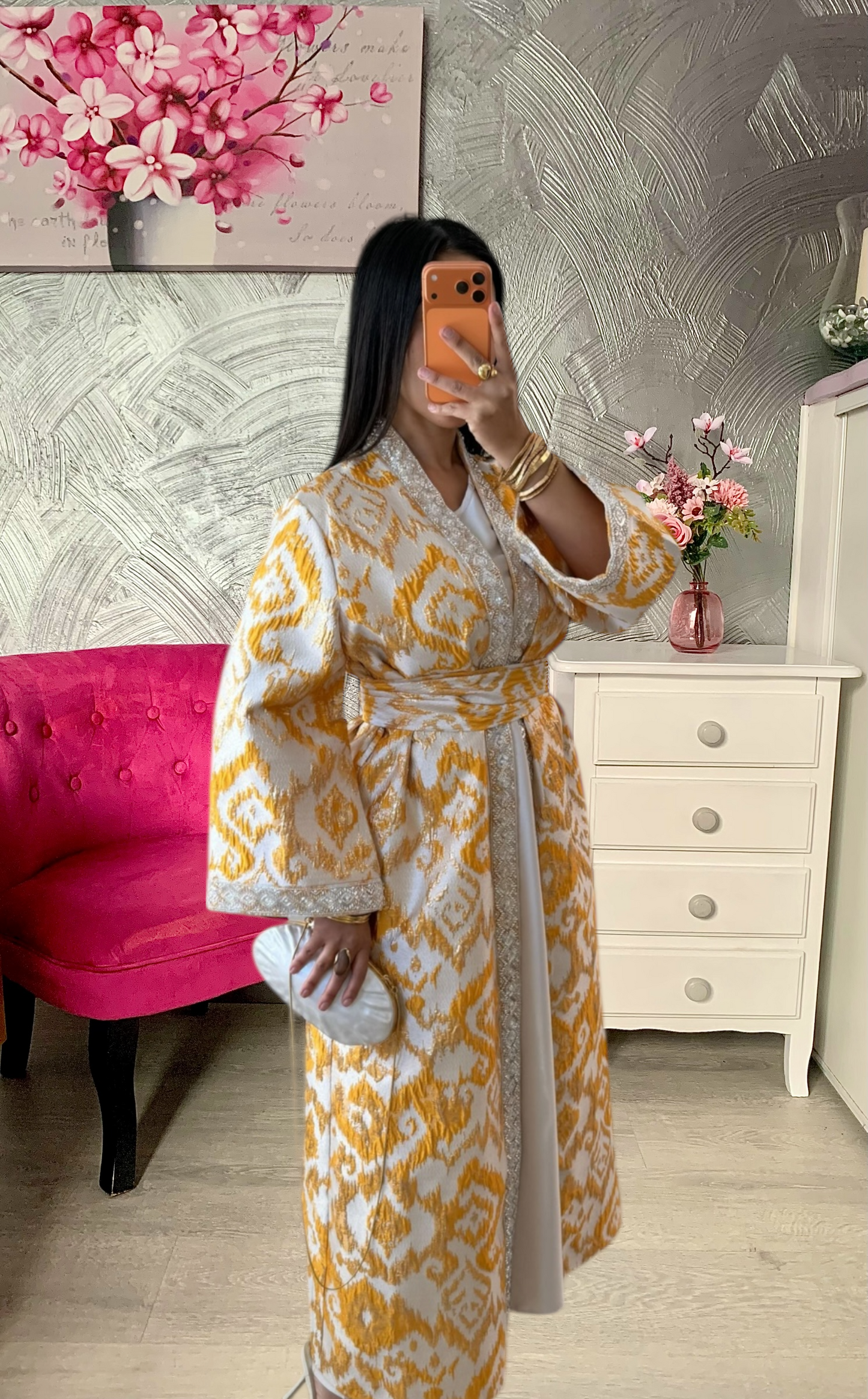 Ensemble robe /abaya en brocart jaune