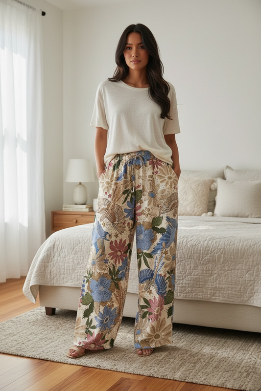 Pantalon KATY imprimé en viscose satiné effet soie avec poches TU