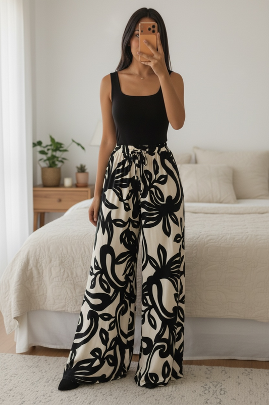 Pantalon KATY imprimé en viscose satiné effet soie avec poches TU